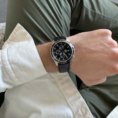 Precision meets power. The Casio Edifice EFR-526L is built for men who value performance and style. With its bold chronograph design, premium leather strap, and sporty yet classy look, it’s perfect Precision meets power. The Casio Edifice EFR-526L is built for men who value performance and style. With its bold chronograph design, premium leather strap, and sporty yet classy look, it’s perfect