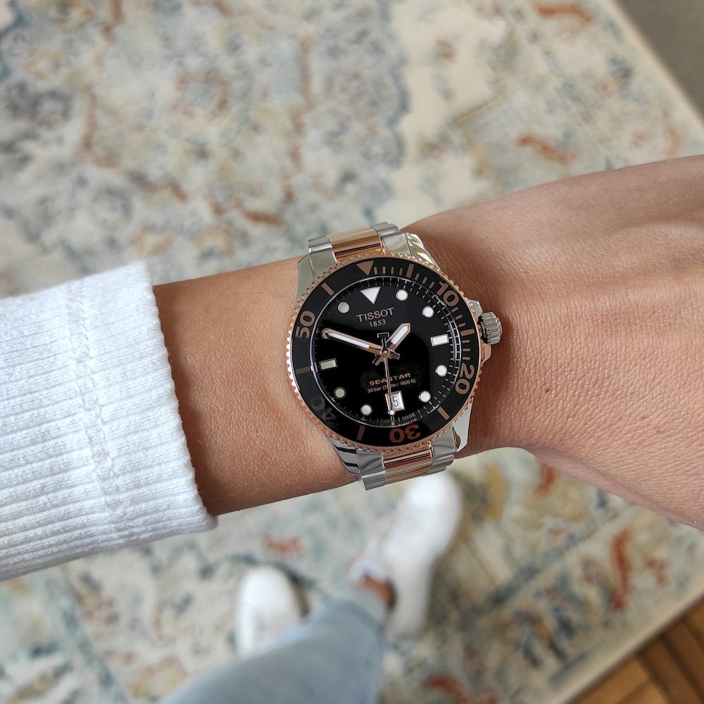 TISSOT SEASTAR 腕時計 ブラック/シルバー/ピンクゴールド Tissot Seastar 1000 Quartz 36mm (T120.210.22.051.01) – WatchClick